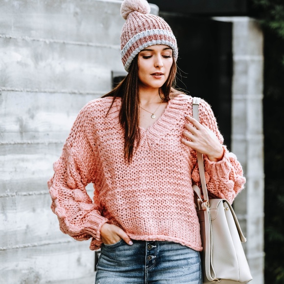 Textured Pom Pom Sleeve Sweater - Picture 2 of 4